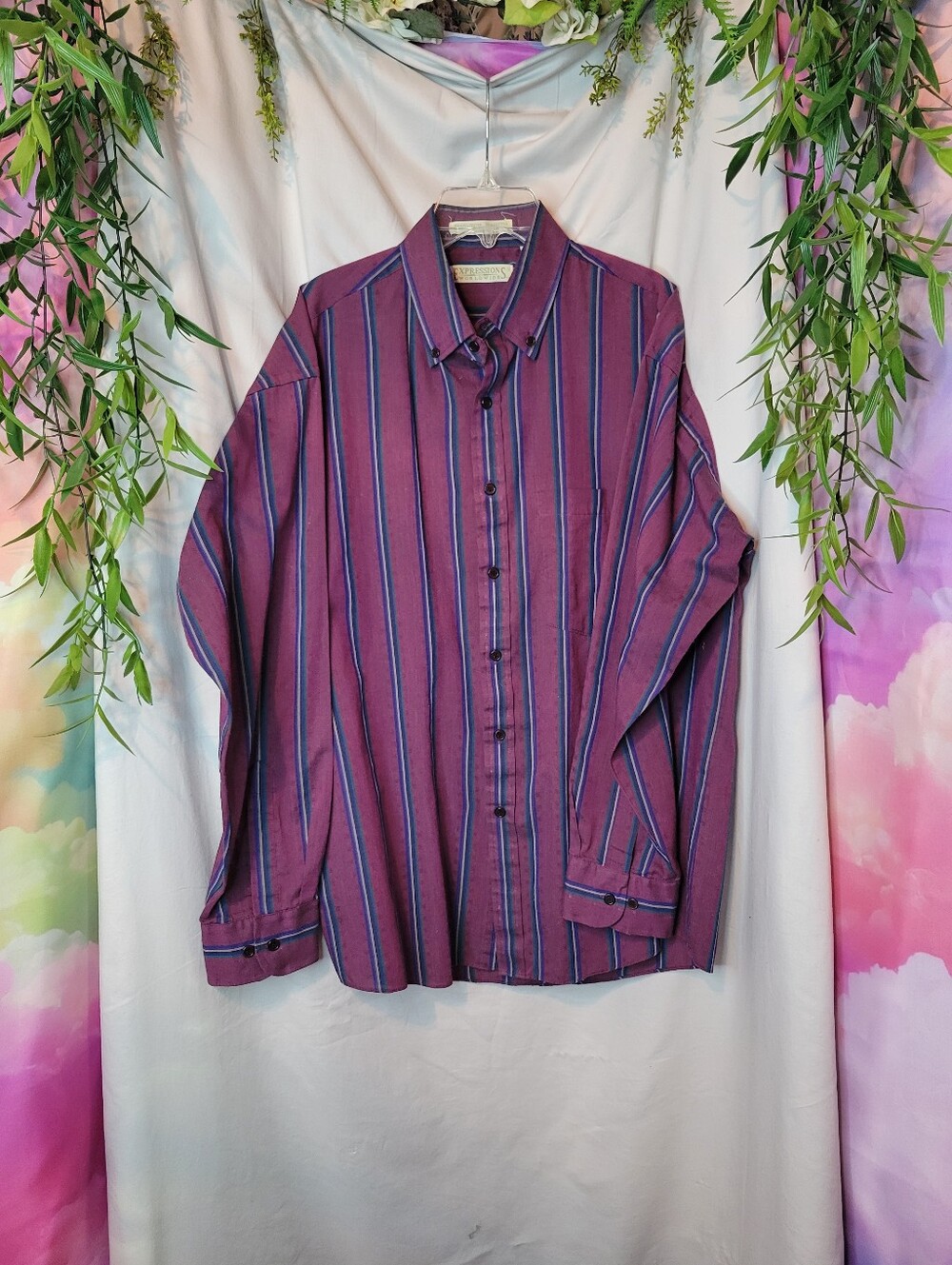 Vintage Striped Button-Down Shirt in Plum with Blue Accents